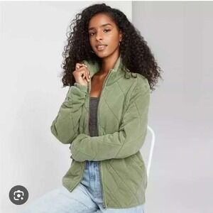 Wild Fable Quilted Bomber Jacket Olive Green Mock Neck Full Zip Women's Medium